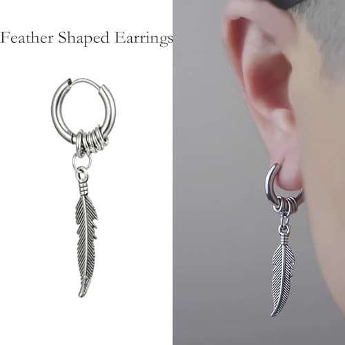 FFZDENA 2 Pairs Ear ringsfor Men, Stainless Steel Feather Shape Stud Earrings, Hypoallergenic Mens Ear Studs, Fashion Accessory for Teenage Boys and Young Adult Men - Image 4
