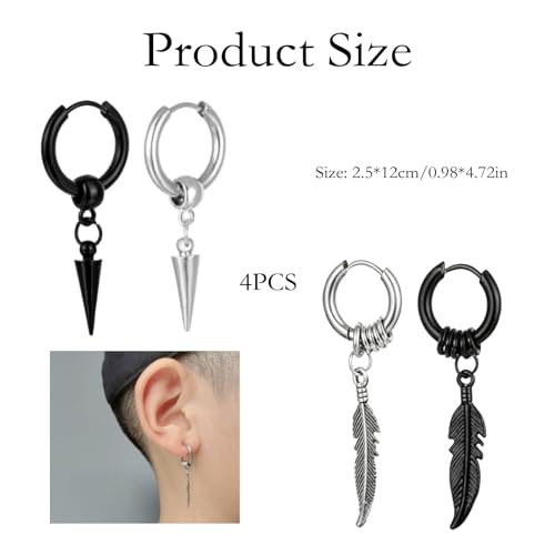 FFZDENA 2 Pairs Ear ringsfor Men, Stainless Steel Feather Shape Stud Earrings, Hypoallergenic Mens Ear Studs, Fashion Accessory for Teenage Boys and Young Adult Men - Image 2