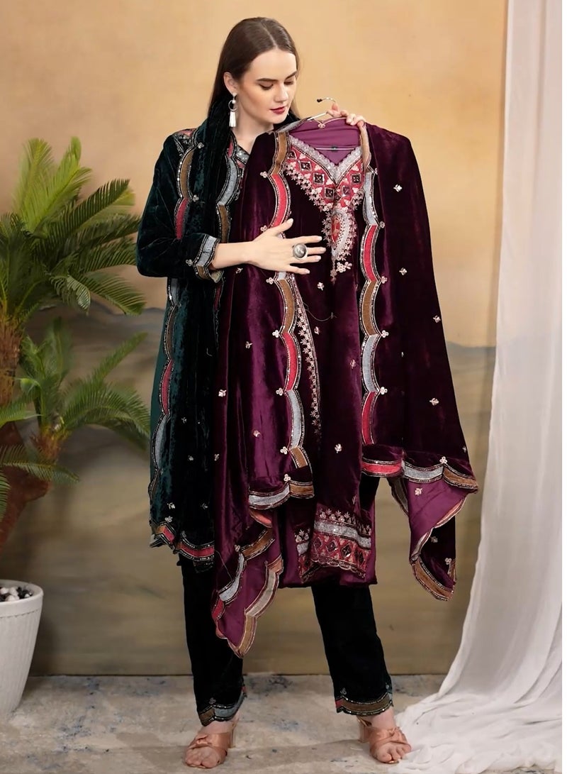 NEW DESIGNER HEAVY PURE VISCOSE VELVET TOP PANT & DUPATTA SET  - Image 1