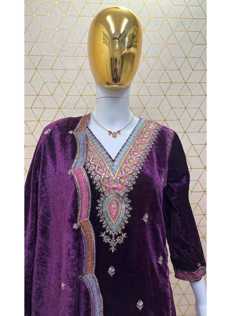 NEW DESIGNER HEAVY PURE VISCOSE VELVET TOP PANT & DUPATTA SET  - Image 2