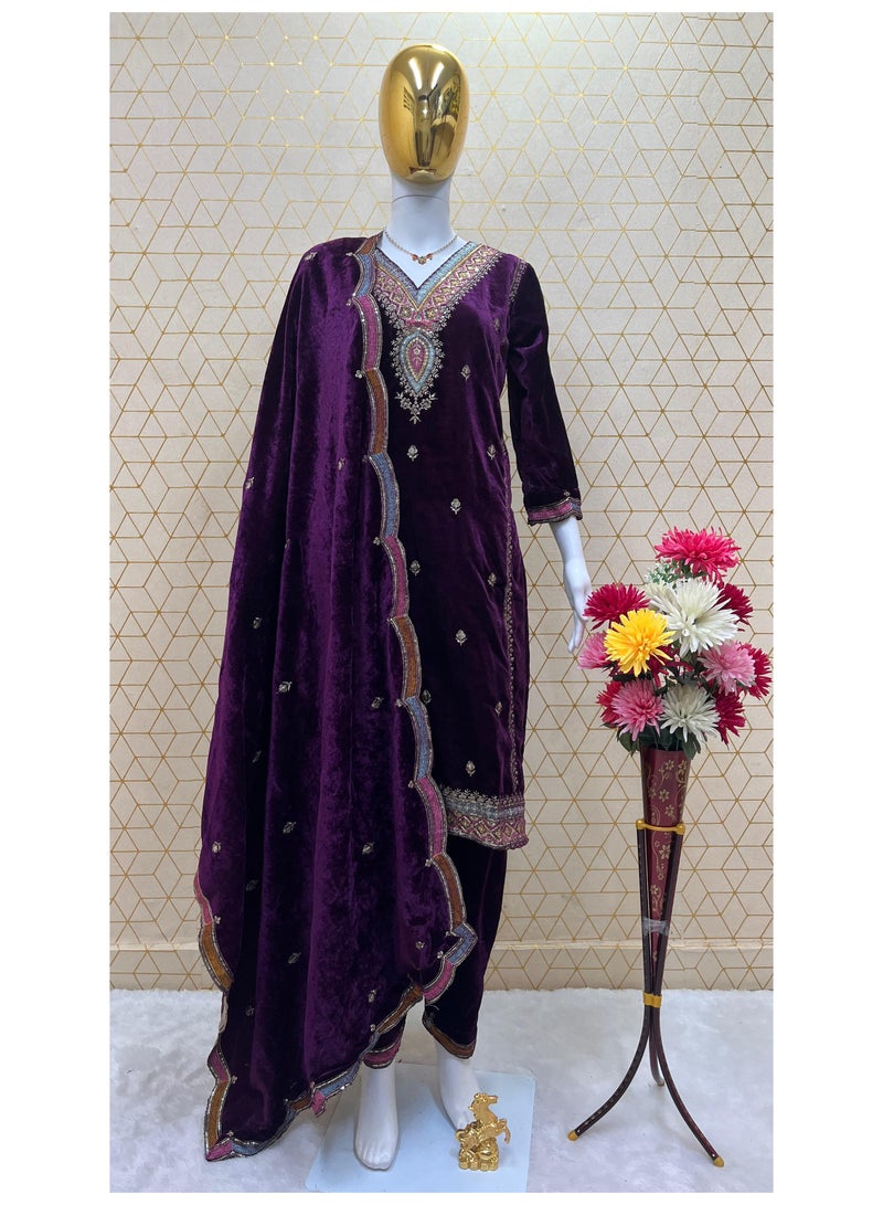 NEW DESIGNER HEAVY PURE VISCOSE VELVET TOP PANT & DUPATTA SET  - Image 3