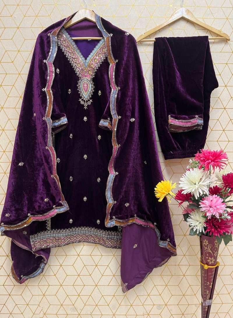NEW DESIGNER HEAVY PURE VISCOSE VELVET TOP PANT & DUPATTA SET  - Image 4