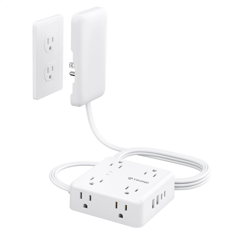 TROND Flat Outlet Cover Extender - 6FT Flat Extension Cord with 8 Outlet and 4 USB, Ultra-Thin Power Strip Cord Concealer with 1700 Surge Protector, Idea for Home Improvement to Hide TV Messy Cord - Image 1