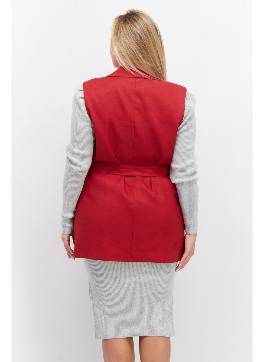 GERRY WEBER Women Notched Collar Belted Sleeveless Blazer Vest, Red  - Image 3