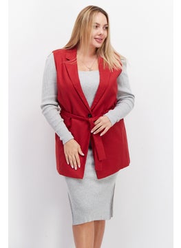 Women Notched Collar Belted Sleeveless Blazer Vest, Red