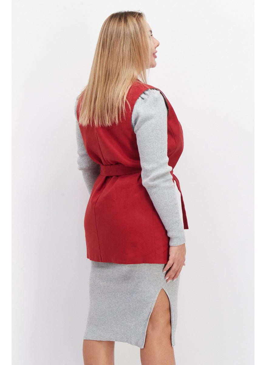 GERRY WEBER Women Notched Collar Belted Sleeveless Blazer Vest, Red  - Image 2