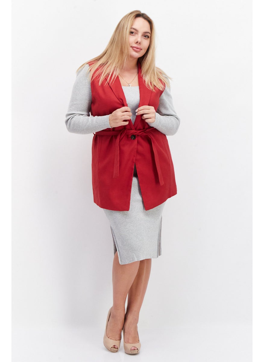 GERRY WEBER Women Notched Collar Belted Sleeveless Blazer Vest, Red  - Image 4