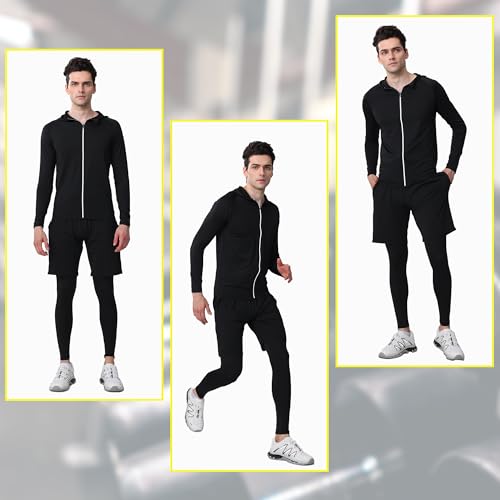 DMVOD Mens 5Pcs Quick Dry Compression Sets Tops Accessories Clothes Equipment for Workout Gym Athletic Running Sport Include Compression T-shirt Long/Short, Shorts, Leggings Tights, Hooded Black-XS - Image 5
