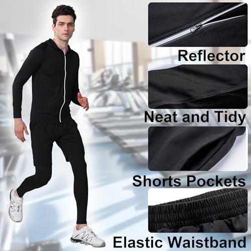 DMVOD Mens 5Pcs Quick Dry Compression Sets Tops Accessories Clothes Equipment for Workout Gym Athletic Running Sport Include Compression T-shirt Long/Short, Shorts, Leggings Tights, Hooded Black-XS - Image 4