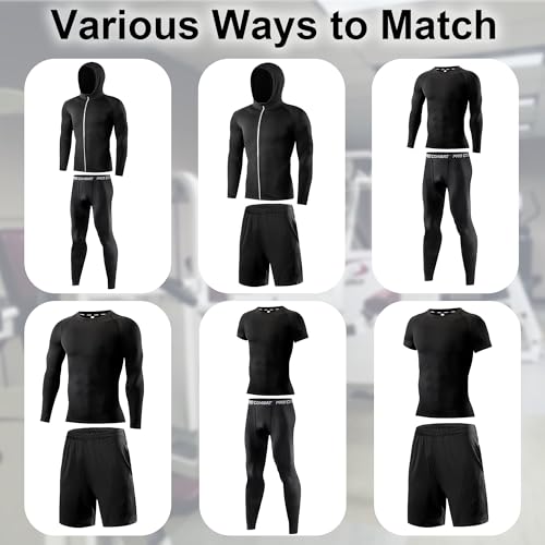 DMVOD Mens 5Pcs Quick Dry Compression Sets Tops Accessories Clothes Equipment for Workout Gym Athletic Running Sport Include Compression T-shirt Long/Short, Shorts, Leggings Tights, Hooded Black-XS - Image 2