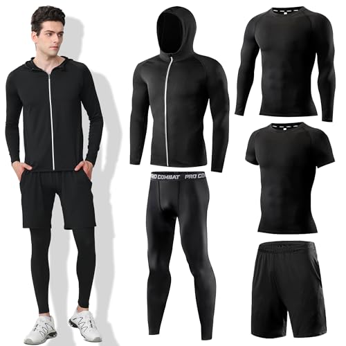DMVOD Mens 5Pcs Quick Dry Compression Sets Tops Accessories Clothes Equipment for Workout Gym Athletic Running Sport Include Compression T-shirt Long/Short, Shorts, Leggings Tights, Hooded Black-XS - Image 1