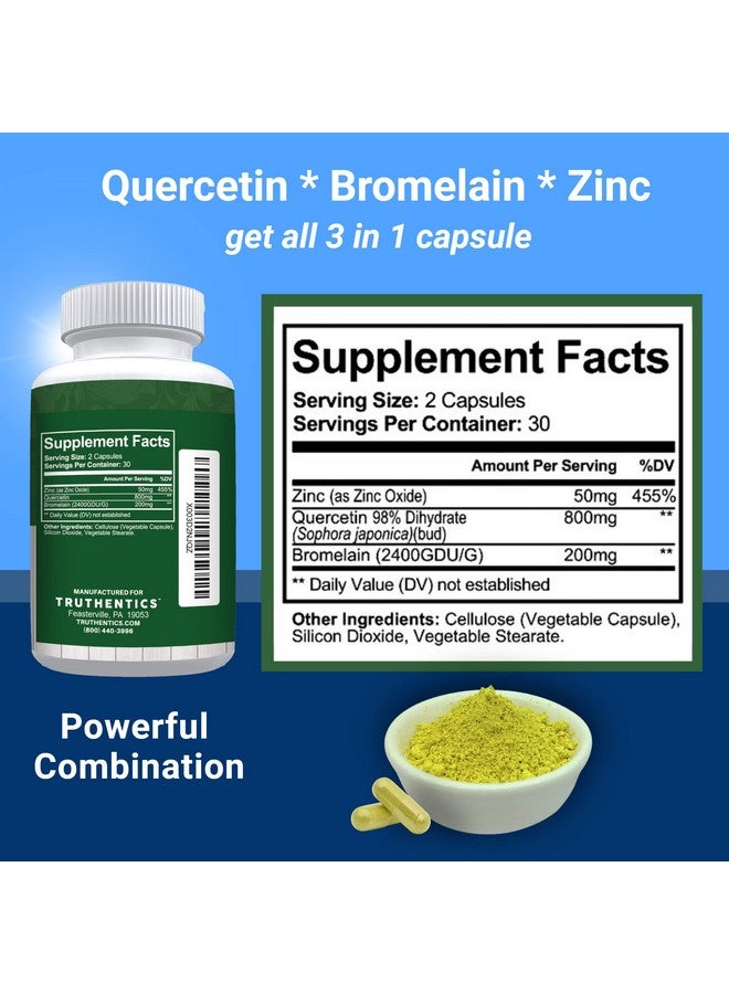 Quercetin With Bromelain And Zinc Powerful Quercetin 800Mg Premium Zinc Quercetin Supplement For Immune And Respiratory Support Vegan Non Gmo 60 Capsules