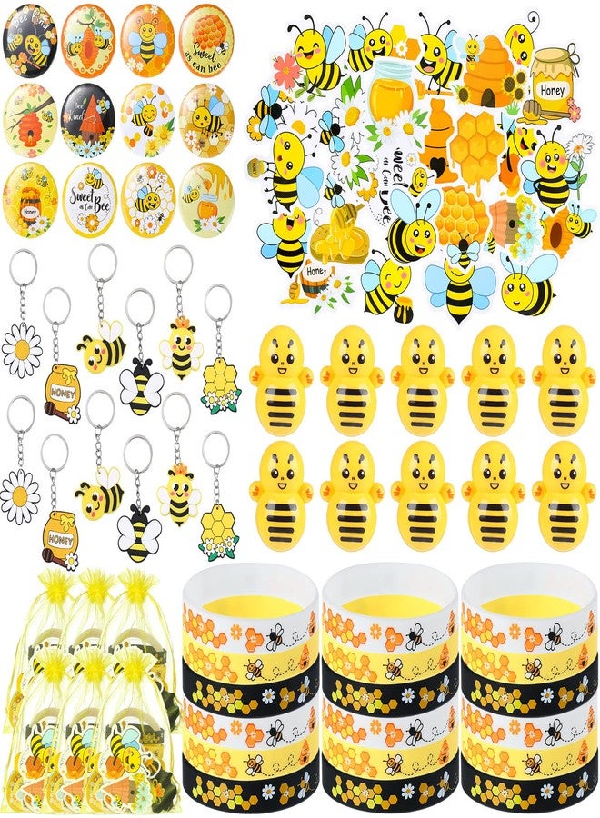 Capoda 110 Pcs Bee Theme Party Favors Bee Classroom Decorations Color Toy Tumbler Wobbler Yellow Wristband Keychain Button Pin Honey Stickers Gift Bag for Class Reward Gift Prizes Party Supplies - Image 1