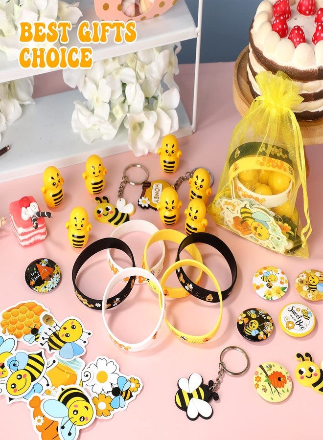 Capoda 110 Pcs Bee Theme Party Favors Bee Classroom Decorations Color Toy Tumbler Wobbler Yellow Wristband Keychain Button Pin Honey Stickers Gift Bag for Class Reward Gift Prizes Party Supplies - Image 4