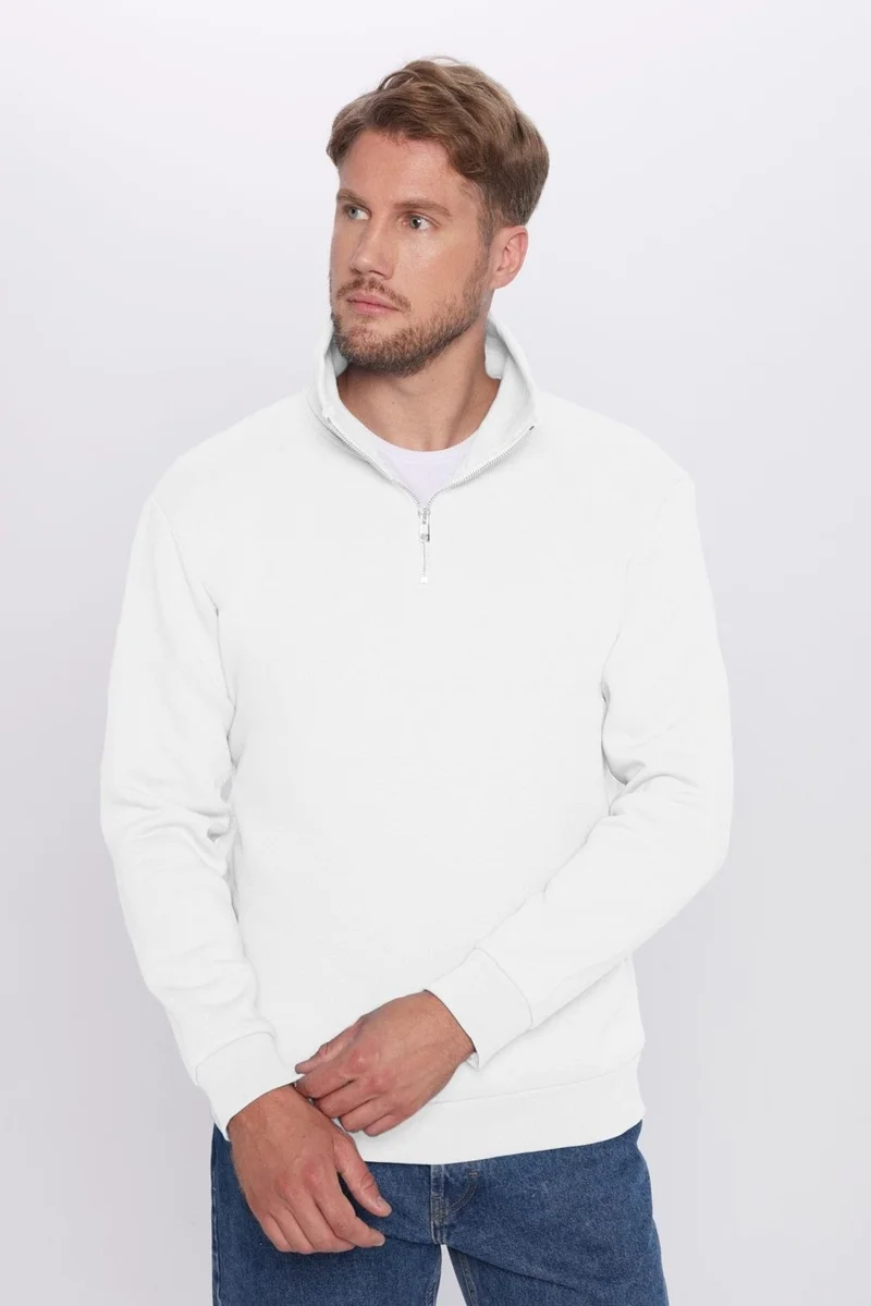 تودورس Unisex Relax Fit Comfortable Cut 100% Cotton Half Zipper White Stand Collar Sweatshirt