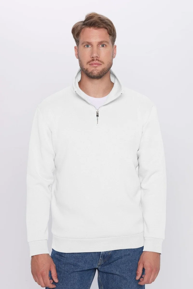 تودورس Unisex Relax Fit Comfortable Cut 100% Cotton Half Zipper White Stand Collar Sweatshirt