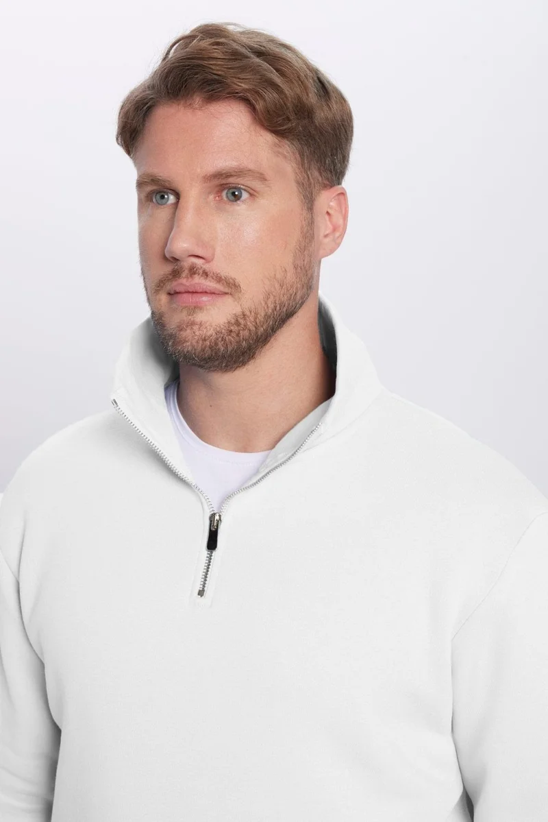 تودورس Unisex Relax Fit Comfortable Cut 100% Cotton Half Zipper White Stand Collar Sweatshirt