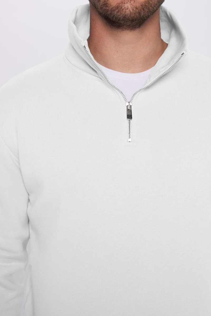 تودورس Unisex Relax Fit Comfortable Cut 100% Cotton Half Zipper White Stand Collar Sweatshirt