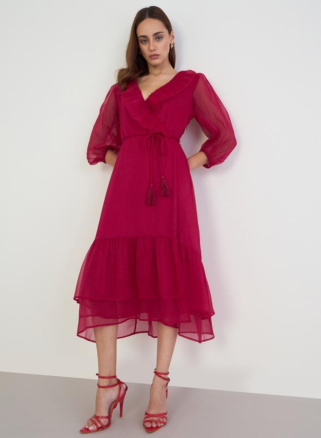 Magenta Ruffle Trim Midi Dress