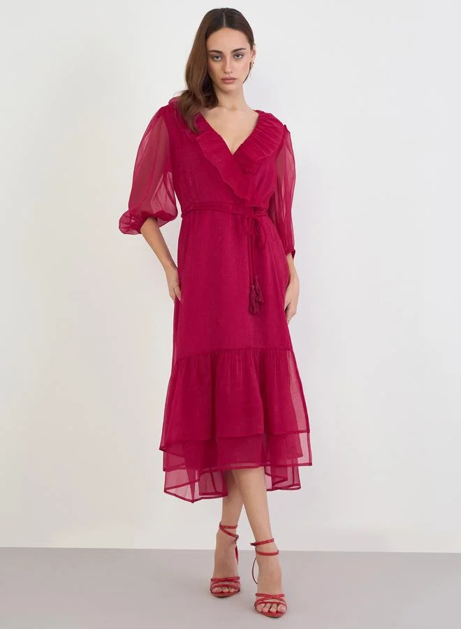 Styli Magenta Ruffle Trim Midi Dress