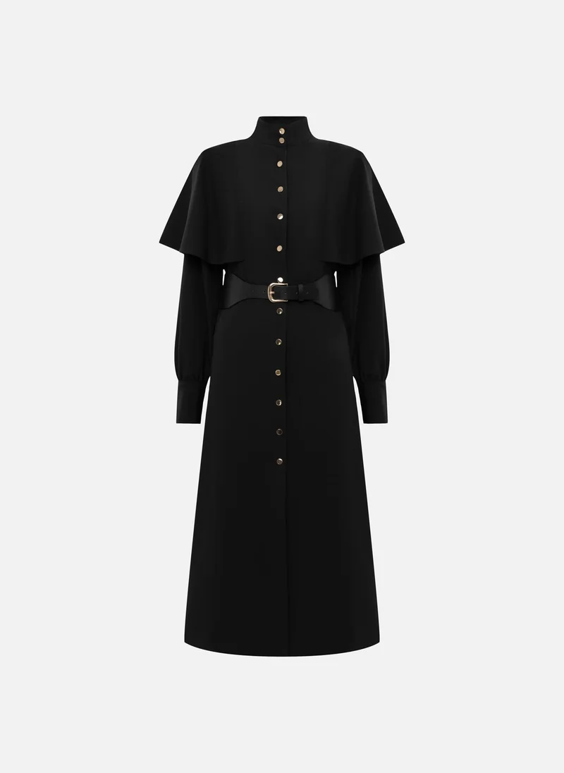 ليتشي فستان متوسط ​​الطول بأجزاء معدنية وحزام عريض من الجلد البيئي