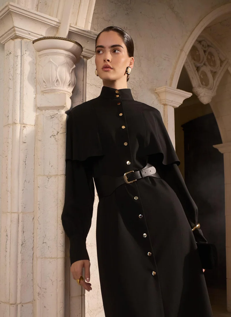 Lichi  Midi dress with metallic fittings and wide eco leather belt for Women | Best Price UAE