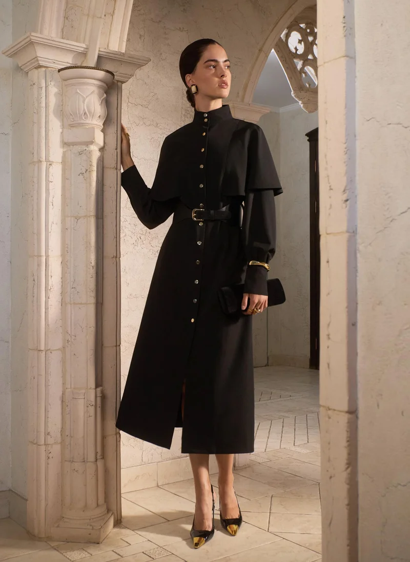 Lichi  Midi dress with metallic fittings and wide eco leather belt for Women | Best Price UAE