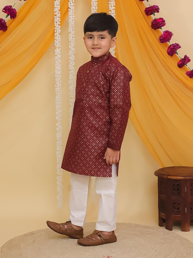 AJ DEZINES Boys Cotton Full Sleeve Foil Maroon Printed Kurta Pajama Set for Kids - Ethnic wear | Special Occasion & Traditional Outfit |Boys Kurta Pyjama Set - Regular Fit (1286-MAROON-5) - Image 5
