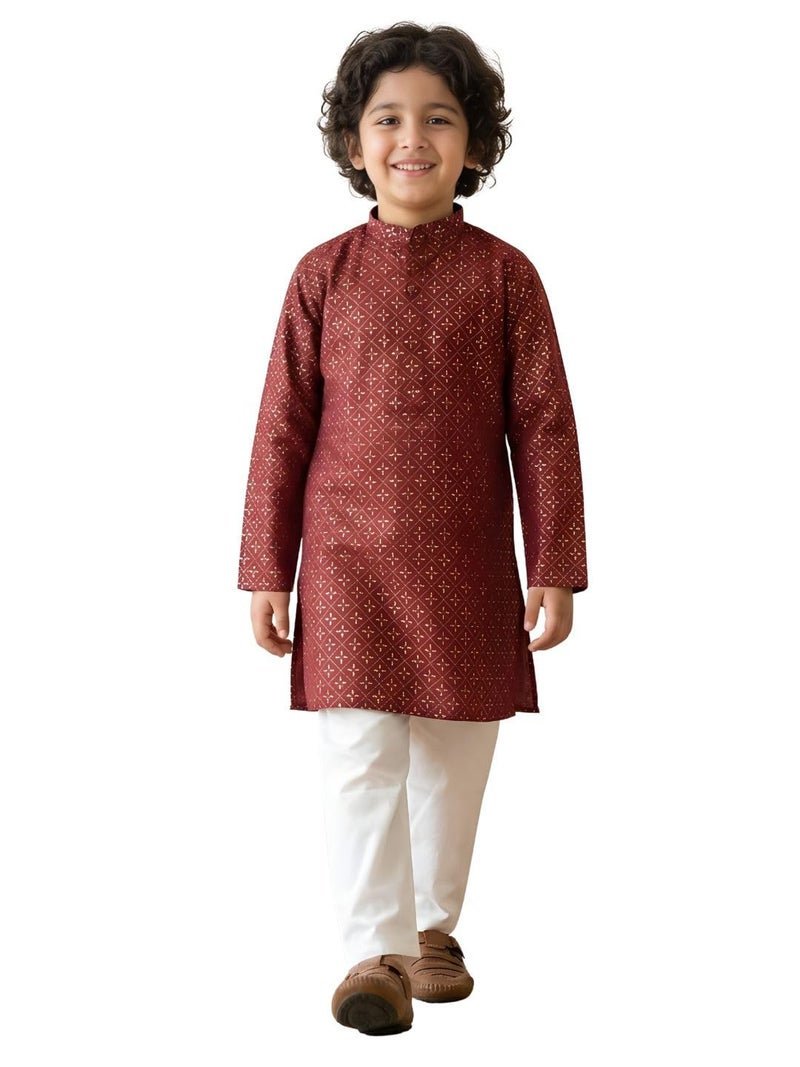 AJ DEZINES Boys Cotton Full Sleeve Foil Maroon Printed Kurta Pajama Set for Kids - Ethnic wear | Special Occasion & Traditional Outfit |Boys Kurta Pyjama Set - Regular Fit (1286-MAROON-5) - Image 1