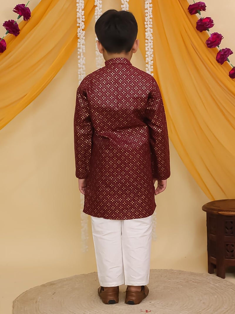 AJ DEZINES Boys Cotton Full Sleeve Foil Maroon Printed Kurta Pajama Set for Kids - Ethnic wear | Special Occasion & Traditional Outfit |Boys Kurta Pyjama Set - Regular Fit (1286-MAROON-5) - Image 3