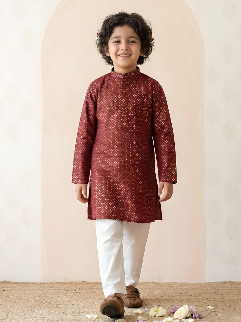 AJ DEZINES Boys Cotton Full Sleeve Foil Maroon Printed Kurta Pajama Set for Kids - Ethnic wear | Special Occasion & Traditional Outfit |Boys Kurta Pyjama Set - Regular Fit (1286-MAROON-5) - Image 2