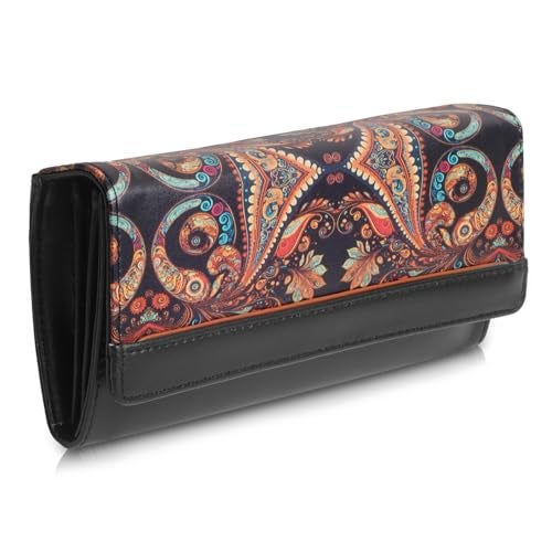 DOSYSO Wallet for Women Girls Stylish Latest Printed Faux Leather with Phone Space Coin Compartment Mobile Storage 4 Card Slots Holder Cash Zip Pockets Hand Clutch for Daily Use Ladies Long Purse (Black) - Image 1