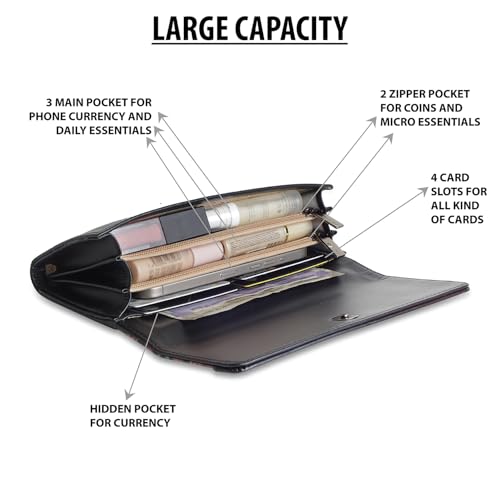 DOSYSO Wallet for Women Girls Stylish Latest Printed Faux Leather with Phone Space Coin Compartment Mobile Storage 4 Card Slots Holder Cash Zip Pockets Hand Clutch for Daily Use Ladies Long Purse (Black) - Image 4