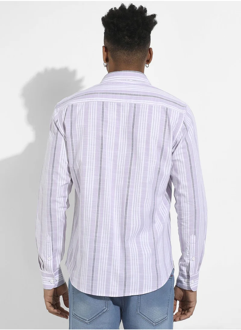 Campus Sutra Men's Lilac Barcode Striped Shirt