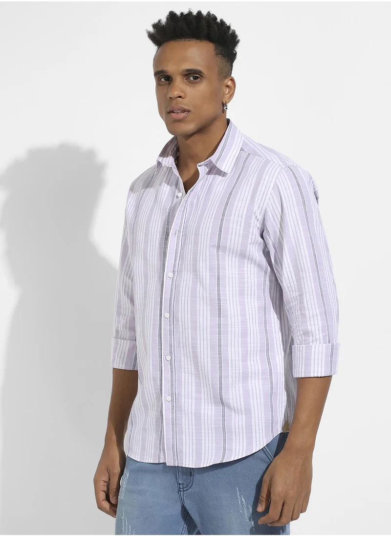 Campus Sutra Men's Lilac Barcode Striped Shirt