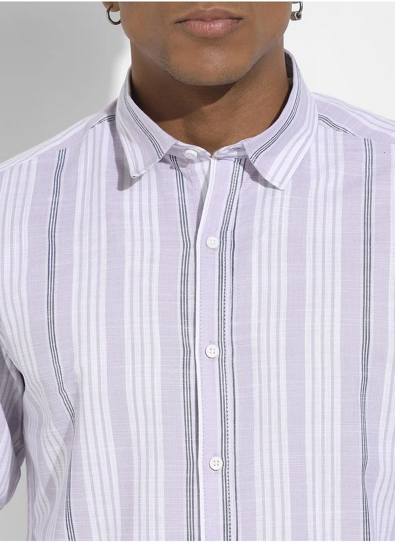 Campus Sutra Men's Lilac Barcode Striped Shirt