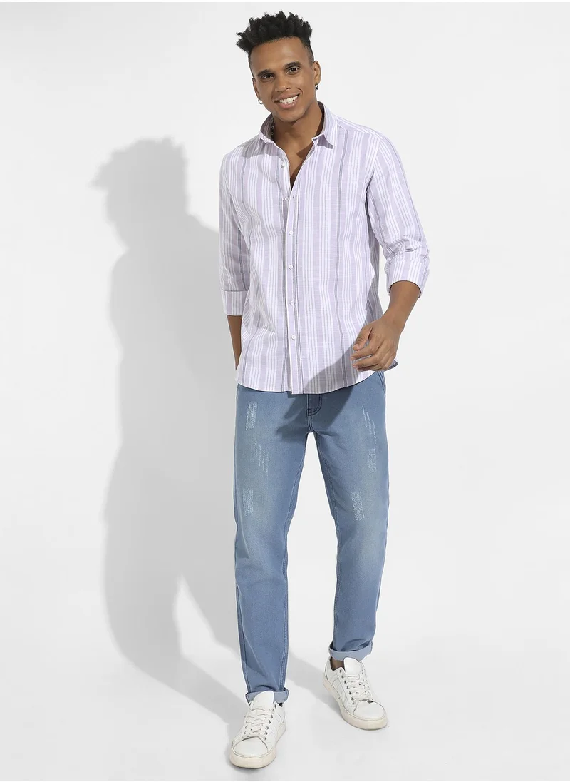 Campus Sutra Men's Lilac Barcode Striped Shirt