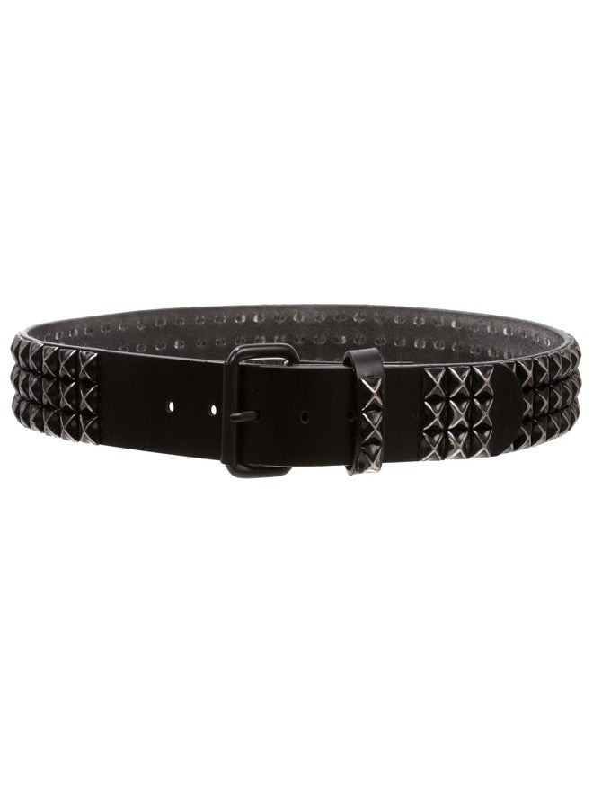 Beltiscool 1 1/2" Snap On Three Row Punk Rock Star Metal Studded Cowhide Leather Belt, Black/Black | 44" - Image 3