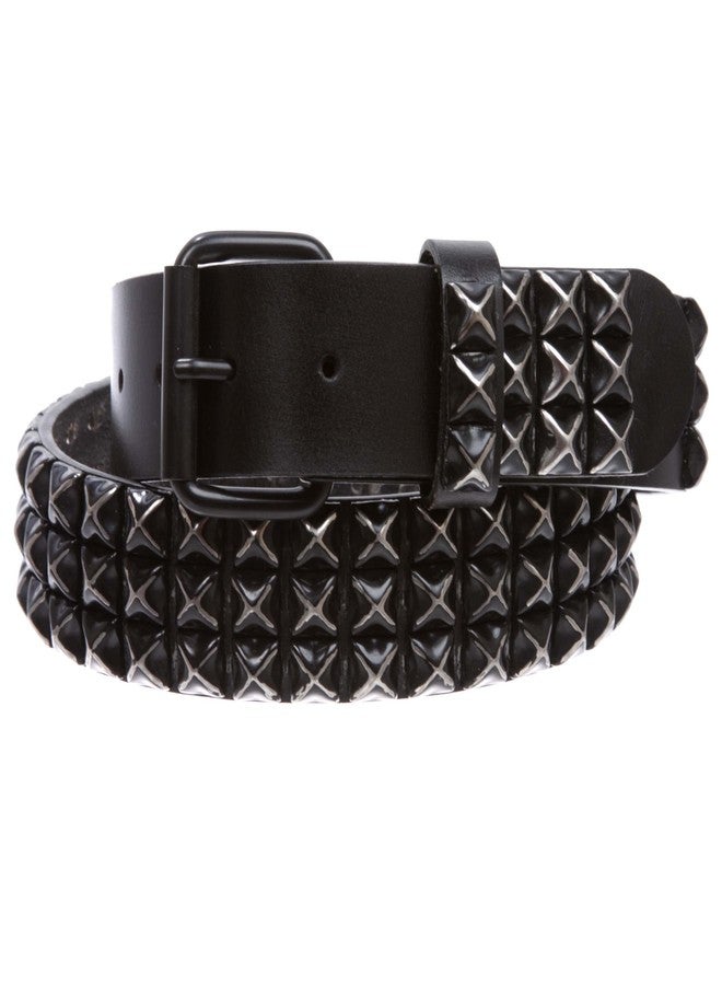 Beltiscool 1 1/2" Snap On Three Row Punk Rock Star Metal Studded Cowhide Leather Belt, Black/Black | 44" - Image 2