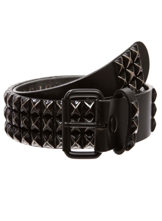 Beltiscool 1 1/2" Snap On Three Row Punk Rock Star Metal Studded Cowhide Leather Belt, Black/Black | 44" - Image 1