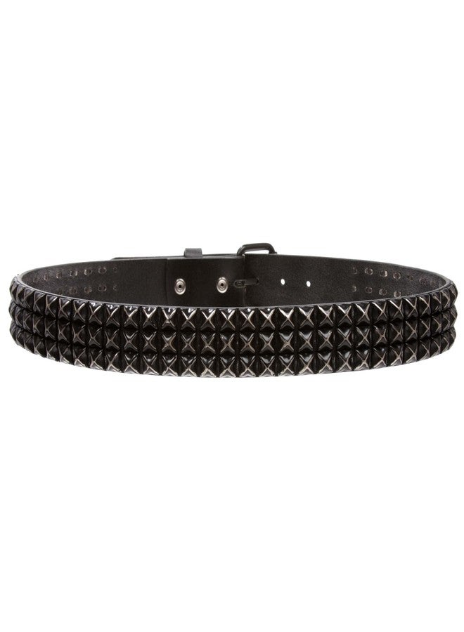 Beltiscool 1 1/2" Snap On Three Row Punk Rock Star Metal Studded Cowhide Leather Belt, Black/Black | 44" - Image 4