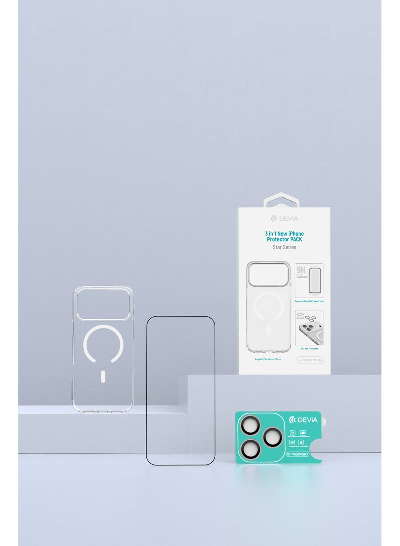 devia iPhone 17 Pro Protection Package - 3 in 1 (Clear MagSafe Case + Full Screen Protection Glass + Lens Protection) Magnetic Support Compatible with Wireless Charging and Easy and Quick Installation with the Attached Help Tools - Image 1