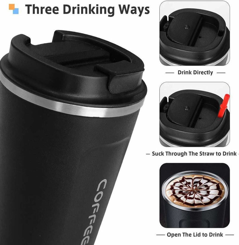كوب قهوة للسفر معزول سعة 510 مل، كوب حراري من الفولاذ المقاوم للصدأ بجدار مزدوج وتفريغ الهواء، غطاء قلاب مقاوم للتسرب للمشروبات الساخنة والباردة، أسود - Image 2