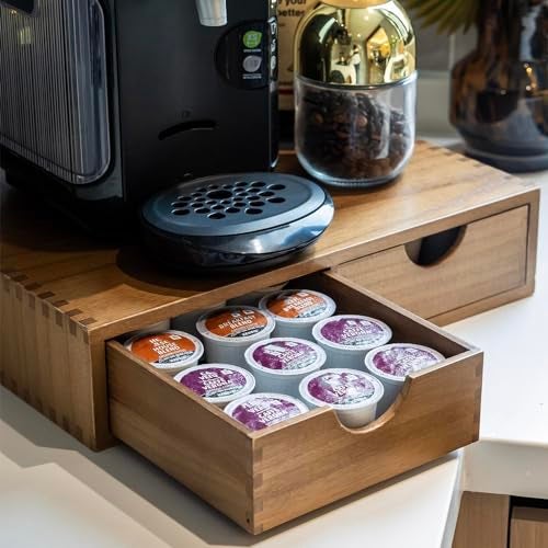 FLYIEE Wooden K Cup Organizer Coffee Pod Storage Box, Coffee Pods and Tea Organizer Holder, K Pod Drawer Coffee Maker Machine Stand, Organizador De Cafe, Kcup Drawer Organizer Under Brewer, 30 Pod Capacity - Image 1