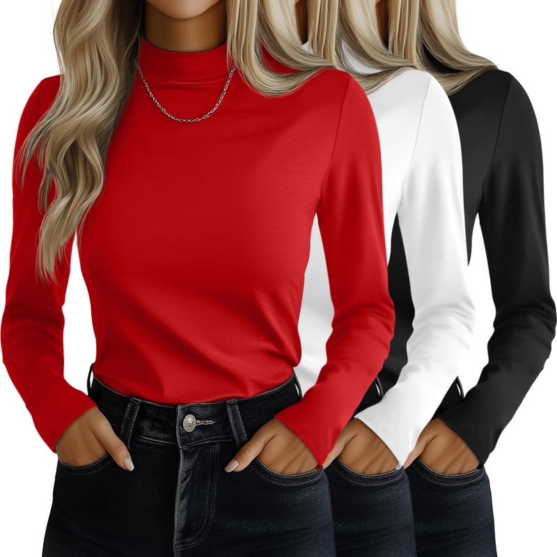 Ficerd 3 Pack Womens Mock Turtleneck Shirts Long Sleeve Mock Neck Pullover Tops Slim Fitted Stretch Undershirt Tee BlouseBlack White RedSmall - Image 2