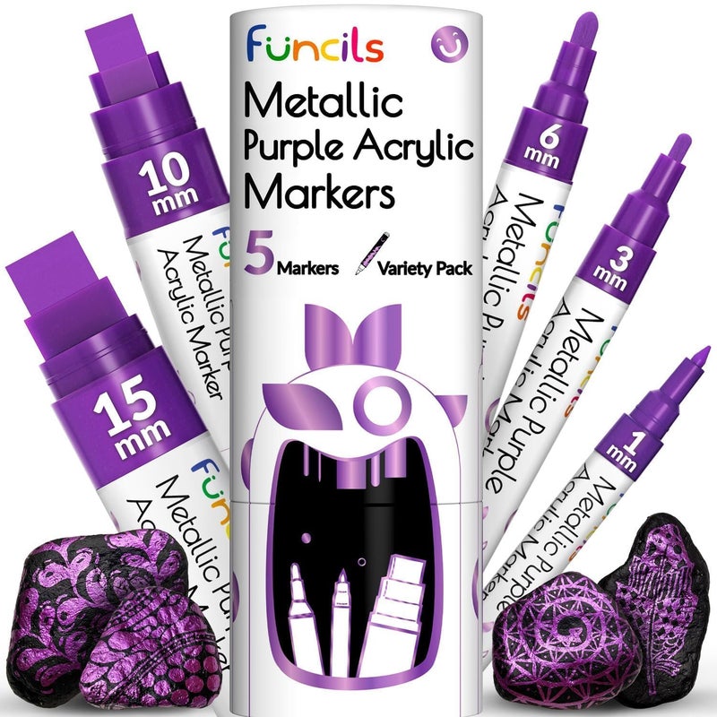 Funcils 5 Metallic Acrylic Purple Paint Pen Extra Fine Tip Thin Jumbo 1mm 3mm 6mm 10mm 15mm Markers for Fabric Metal Plastic Canvas Wood Rock Painting Glass Purple Permanent Marker - Image 2