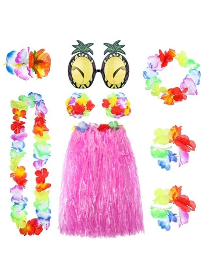 Y&D 8 Pieces Hula Skirt Costume Kit, Hawaiian Leis Grass with Flowers Bikini Top Bracelets Necklace Hair Clip Pineapple Sunglasses for and Beach Party, Masquerade  - Image 1