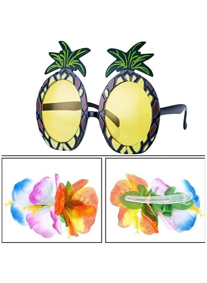 Y&D 8 Pieces Hula Skirt Costume Kit, Hawaiian Leis Grass with Flowers Bikini Top Bracelets Necklace Hair Clip Pineapple Sunglasses for and Beach Party, Masquerade  - Image 3