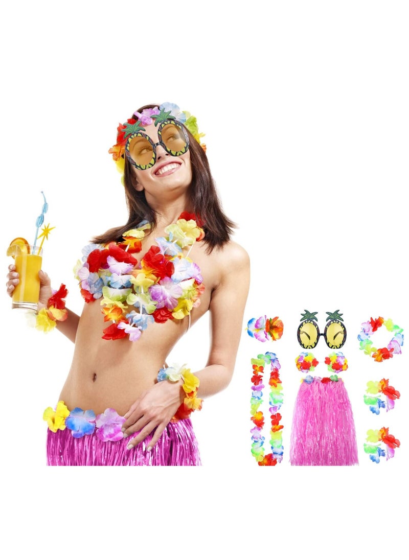 Y&D 8 Pieces Hula Skirt Costume Kit, Hawaiian Leis Grass with Flowers Bikini Top Bracelets Necklace Hair Clip Pineapple Sunglasses for and Beach Party, Masquerade  - Image 2