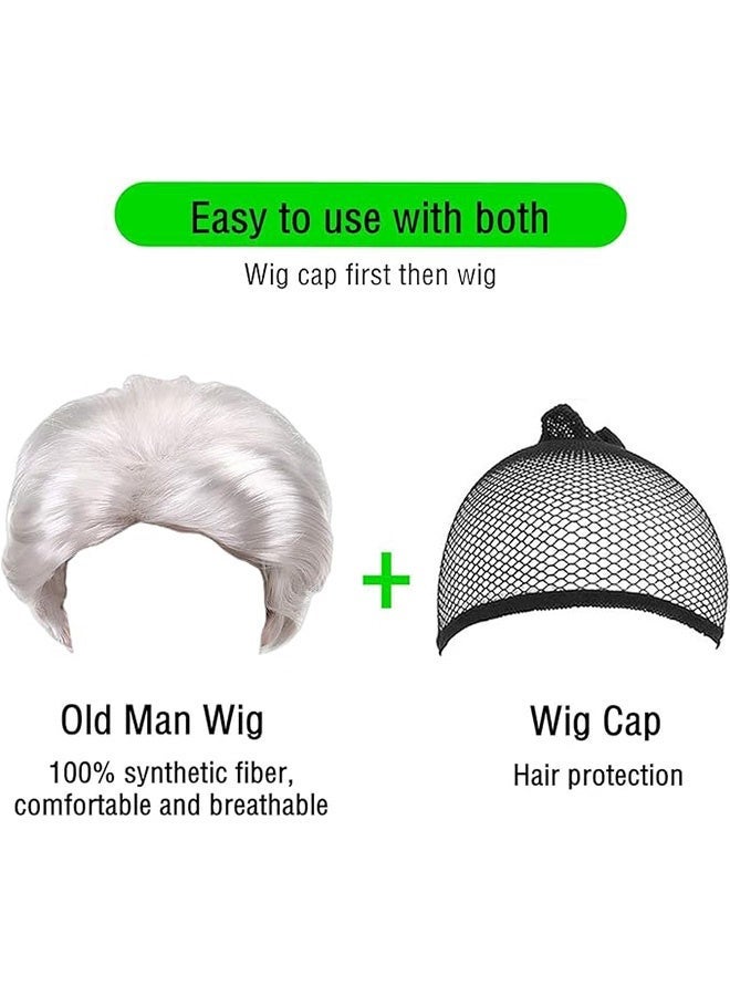 Unewshi Old Man Wig for Boys, Grandpa Costume with Grey Mustache for Kids, 100th Day of School Costume Accessories, Grandpa Costume (White) - Image 2